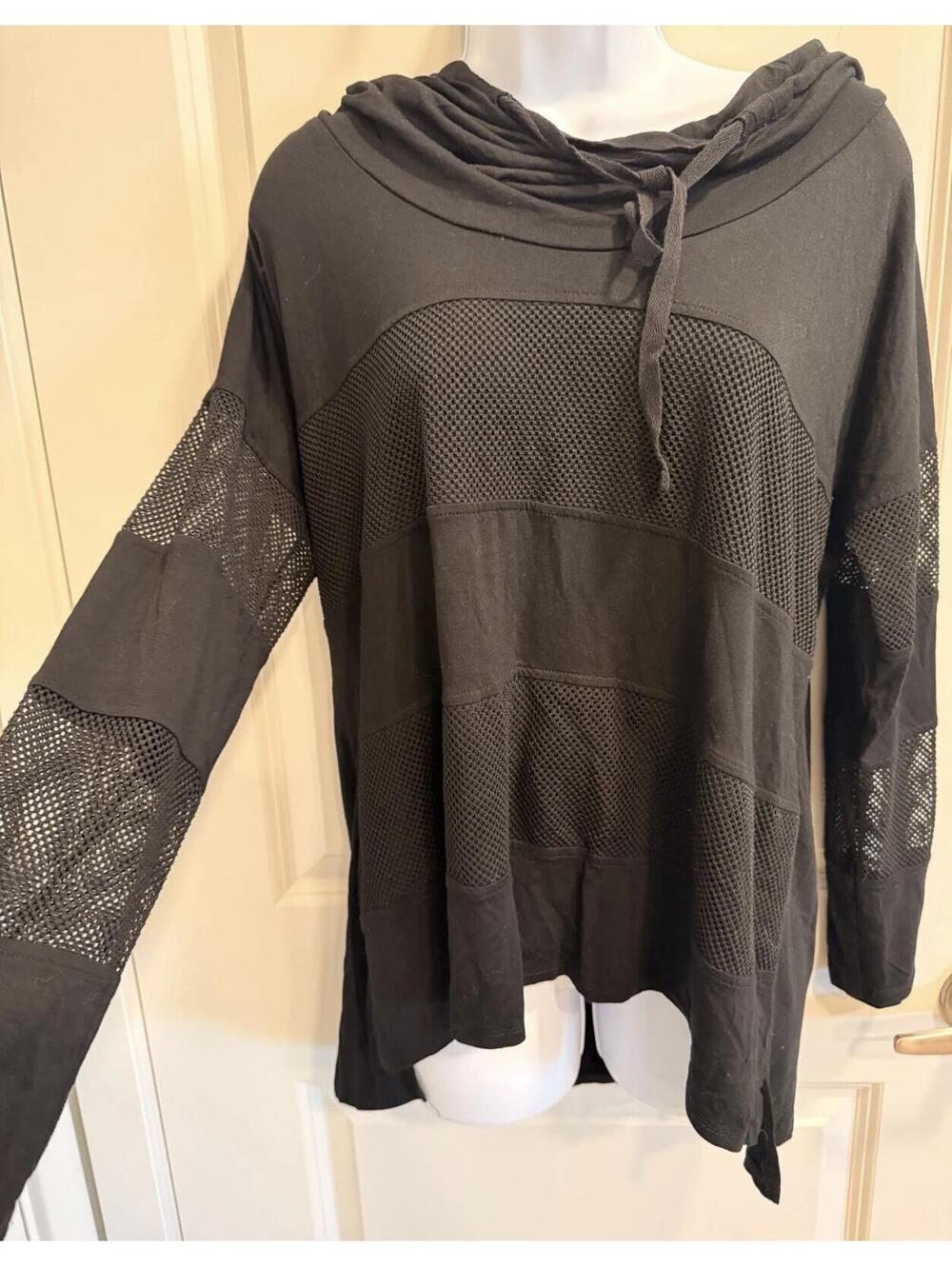 Cable & Gauge Black Cowl Neck Mesh Panel Long Sleeve Top Size XL
